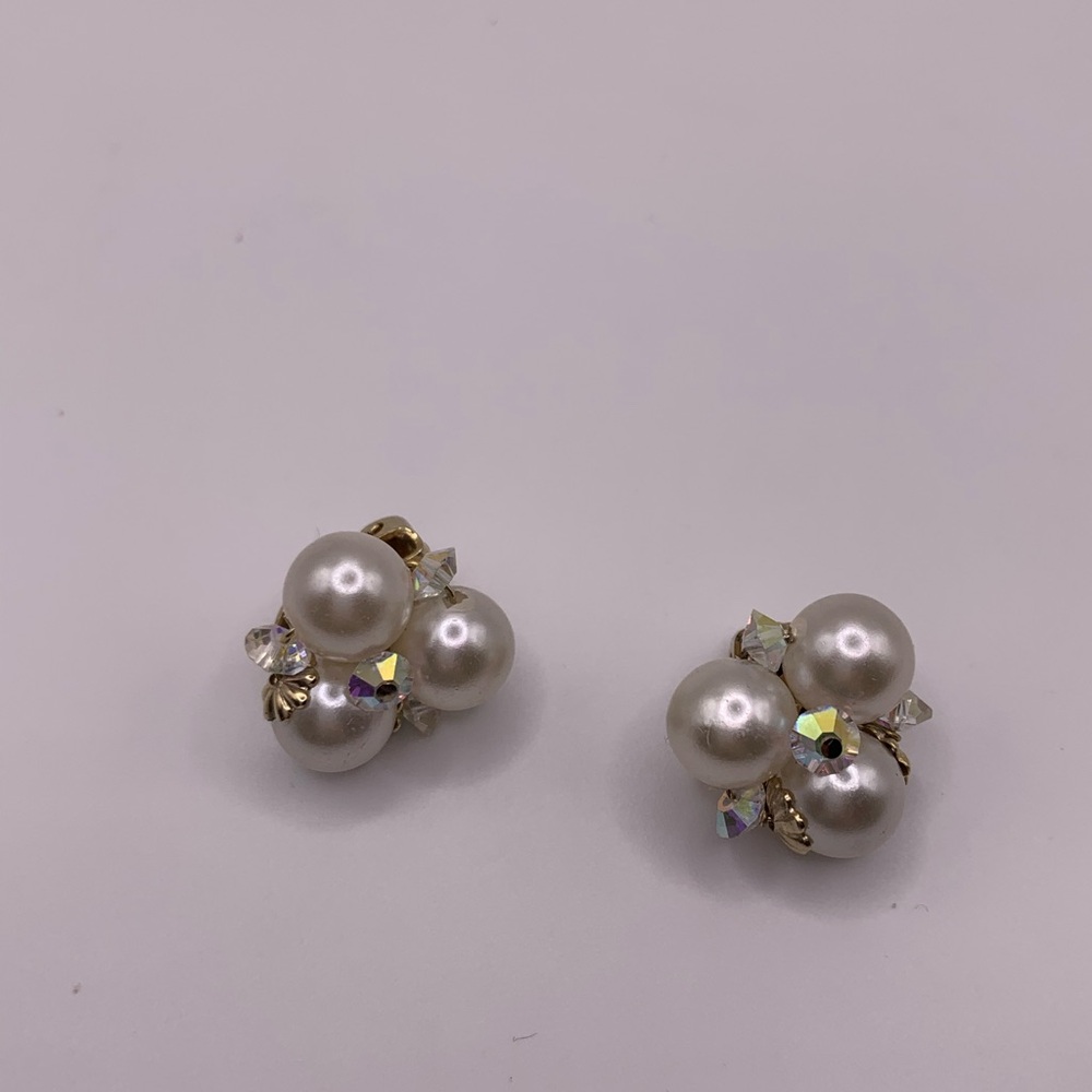 Sherman Pearl and Crystal Cluster Earrings for Christmas - Picture 2 of 6